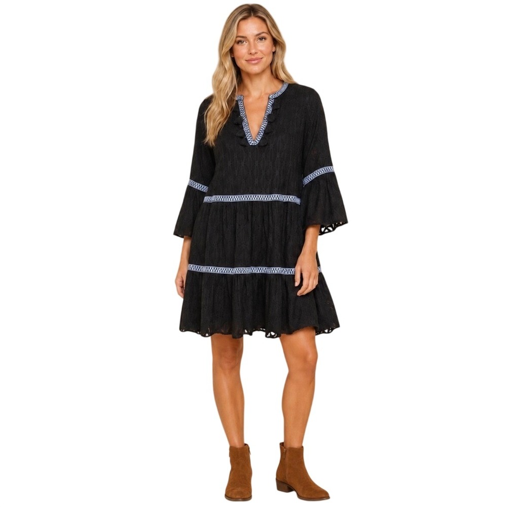 Tommy Bahama Black Embroidered Tassel Tiered Mini Dress Small 235-SS500113